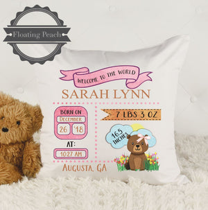 Baby Stat Pillow Bear Pink | Floating Peach Gifts