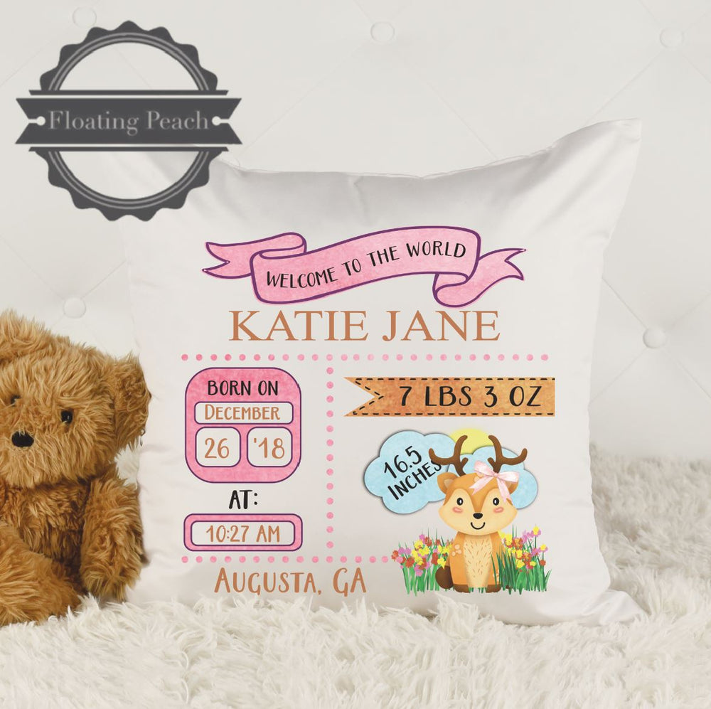 Baby Stat Pillow Deer Pink | Floating Peach Gifts