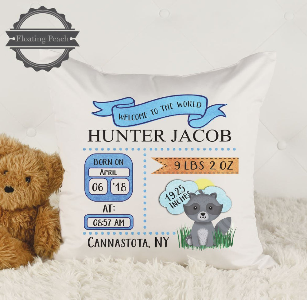 
            
                Load image into Gallery viewer, Baby Stat Pillow Raccoon Blue | Floating Peach Gifts
            
        
