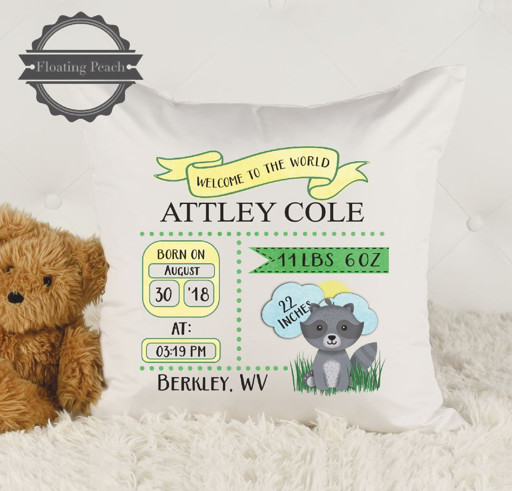 
            
                Load image into Gallery viewer, Baby Stat Pillow Raccoon Yellow | Floating Peach Gifts
            
        
